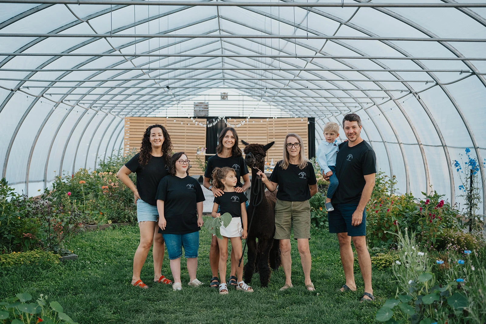 Blooms on 7 Founds & family In a in a greenhouse with greenery, flowers and an alpaca.